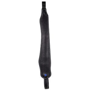 Black leather rifle sling with blue logo.
