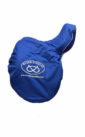 Blue saddle cover with Ryder Saddles logo.
