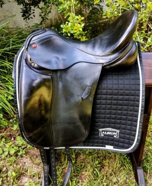 Black saddle on a quilted saddle pad.