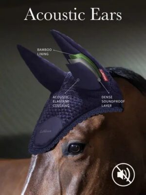 Horse wearing soundproof acoustic ear covers.