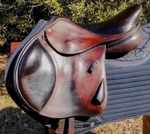 Aged brown all-purpose saddle on navy quilted pad